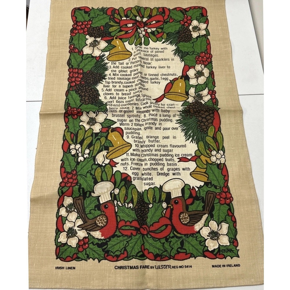 Vintage Ulster Irish Linen Tea Towel Christmas Fare Erika Robin Recipe Ireland